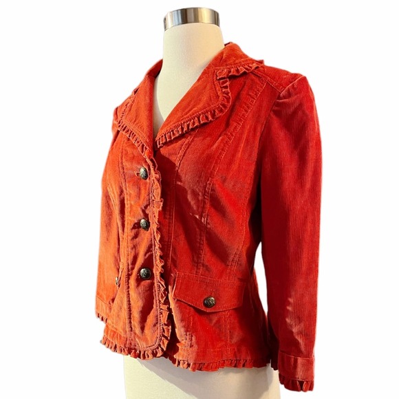 SANDRO Corduroy Jacket Blazer Cotton Red Collar Long Sleeve Ruffle Trim Small - Picture 9 of 9